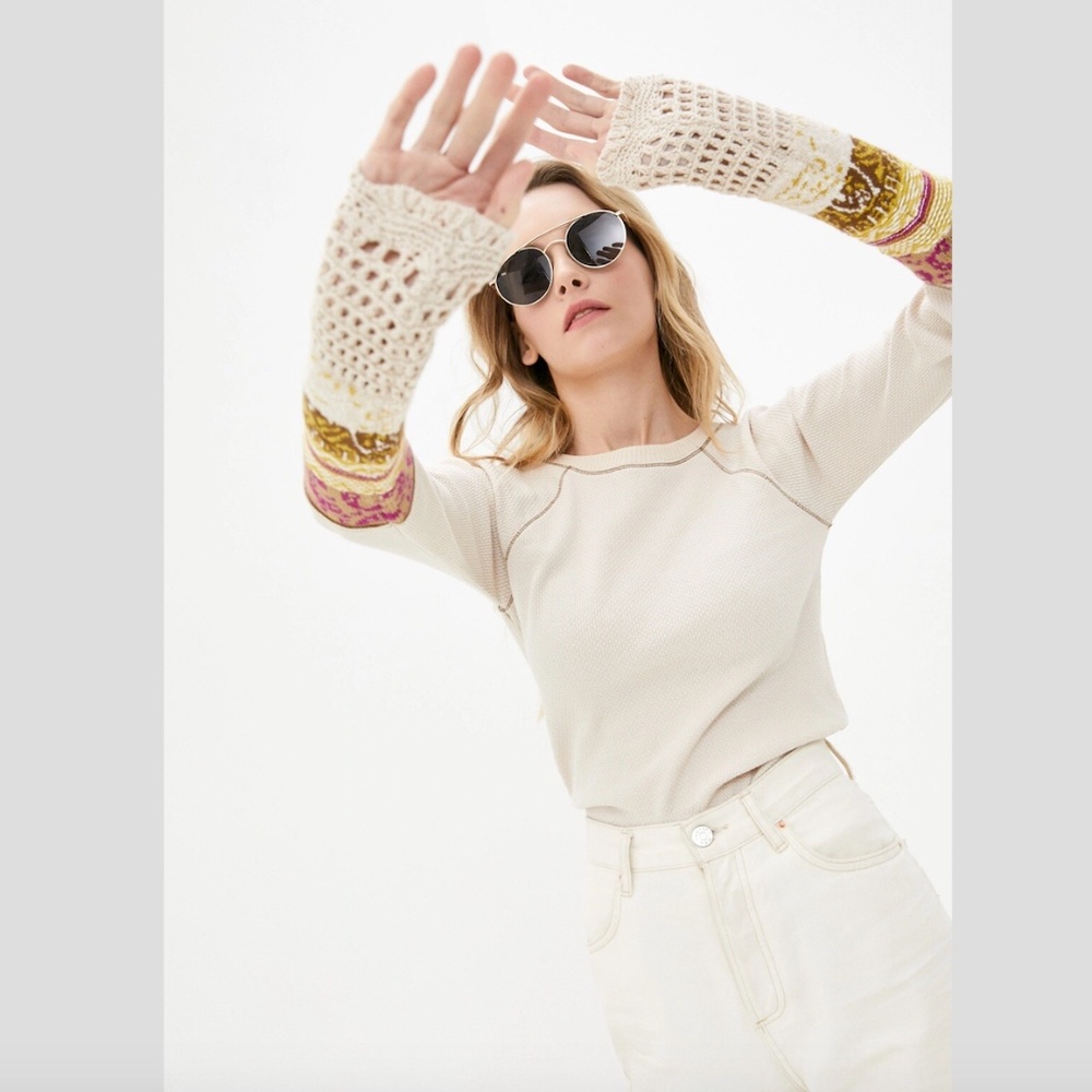 Free People In The Mix Cuff Thermal Top Cream Linen Combo Knit